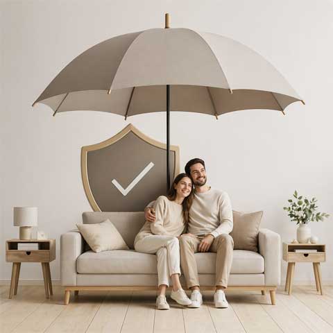 Couple assis sous un parapluie symbolisant protection