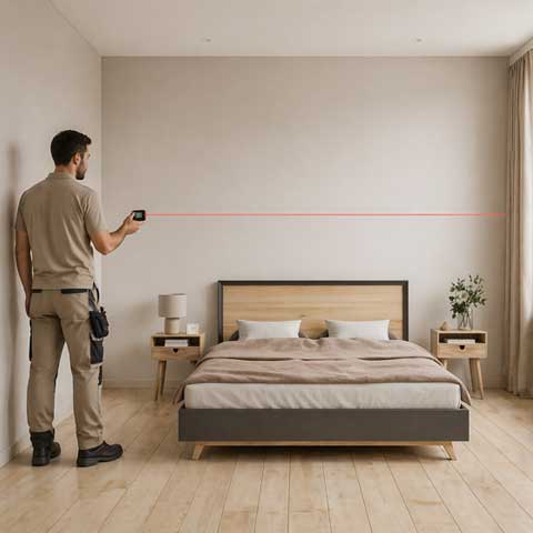 Technicien utilisant un niveau laser dans une chambre