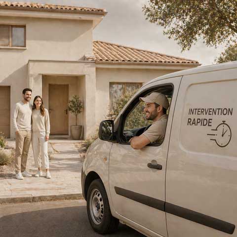 Technicien en camion d’intervention devant une maison